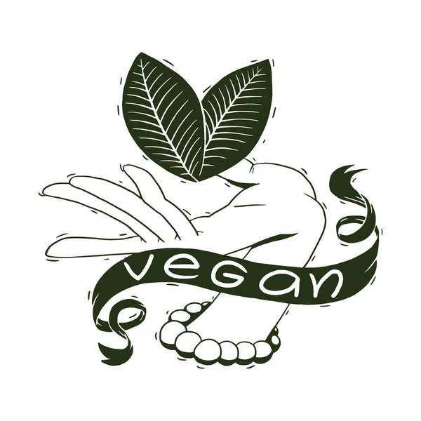 Veganes Emblem, Hand mit Blättern, monochrom — Stockvektor