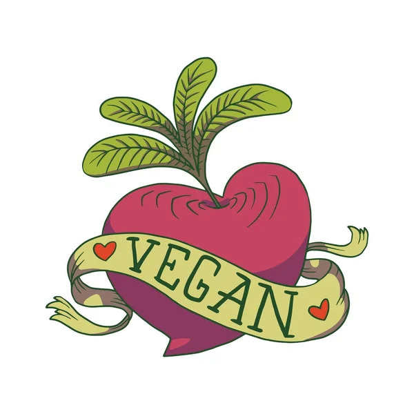 Emblema vegano, remolacha en forma de corazón, imagen de color — Vector de stock