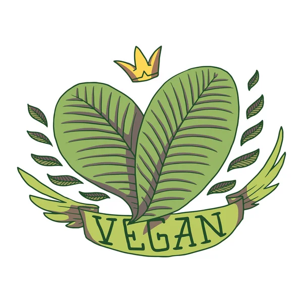 Emblema vegano, dos hojas, imagen en color — Vector de stock