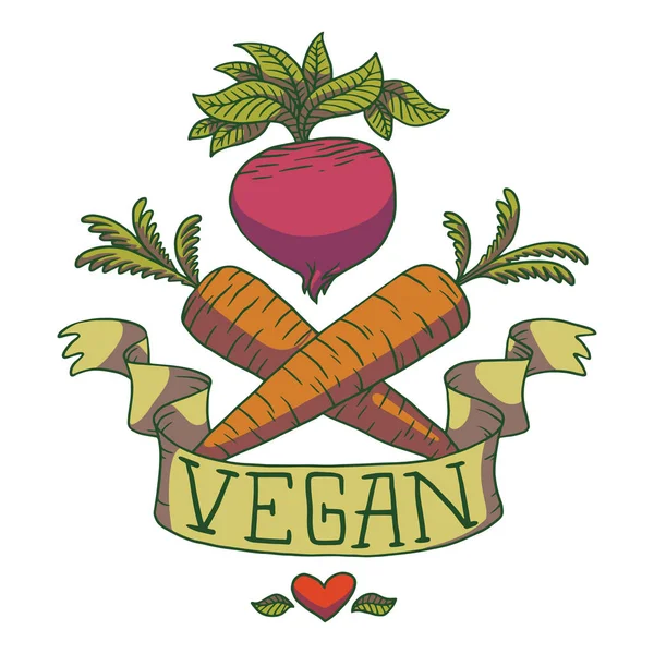 Emblema vegano, remolacha y zanahorias cruzadas, imagen en color — Vector de stock