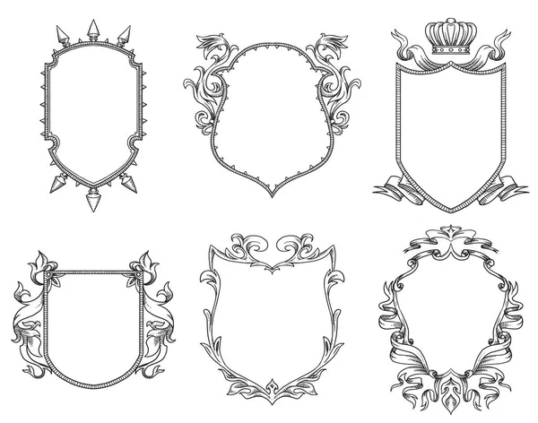 Set de seis escudos heráldicos, line art — Vector de stock