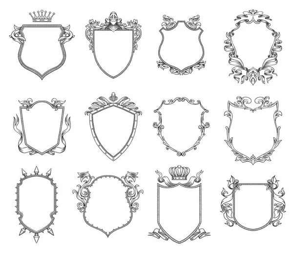 Set de doce escudos heráldicos, line art — Vector de stock