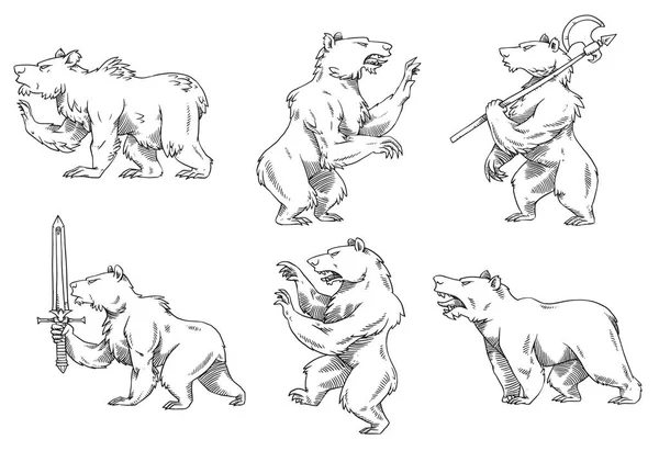 Set of heraldic bears, monochrome style — Stock Vector