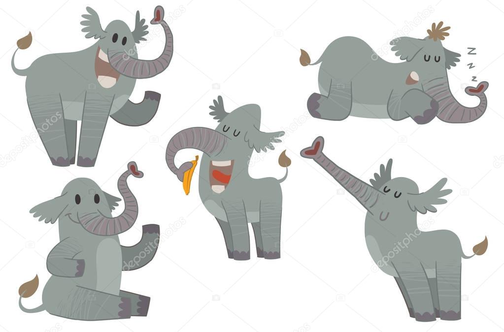Set of five funny gray elephants 