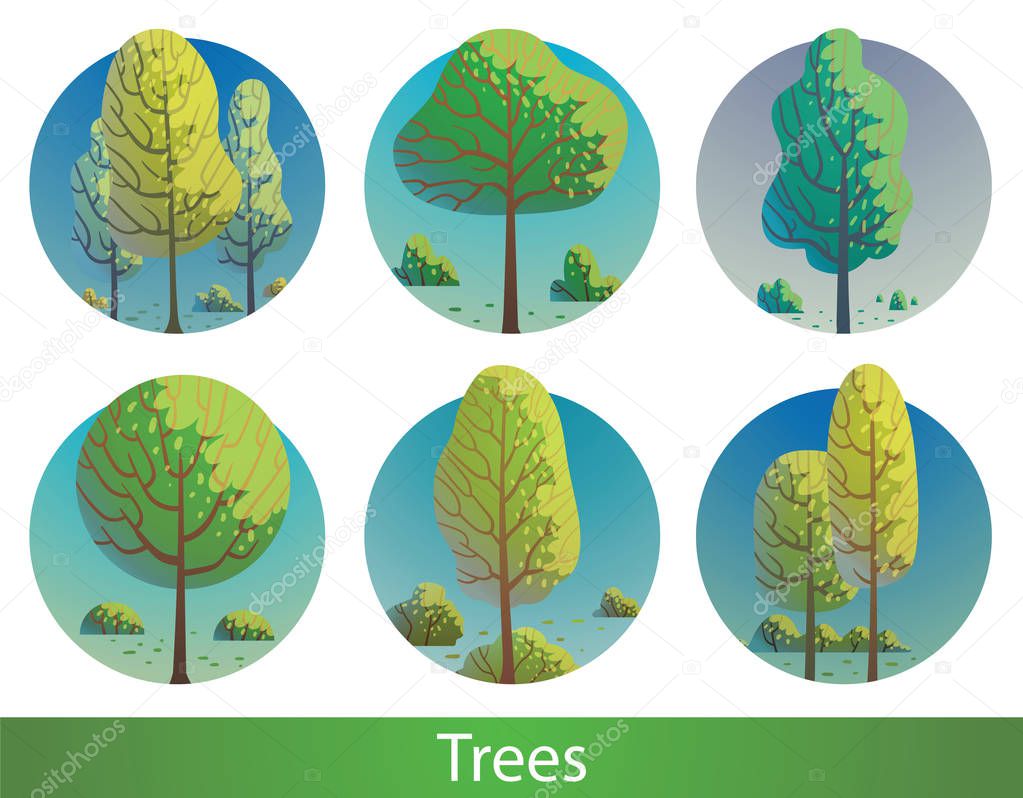 Set of round labels with different green trees 