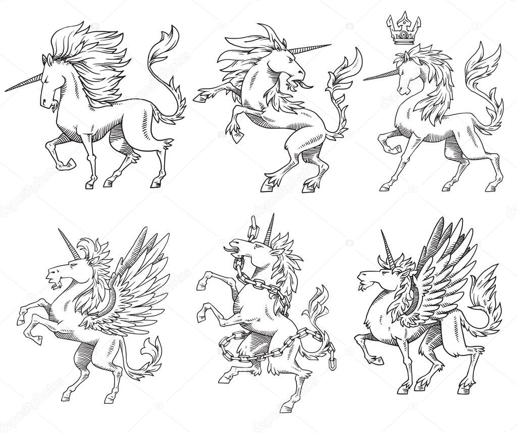 Set of six heraldic unicorns, monochrome style