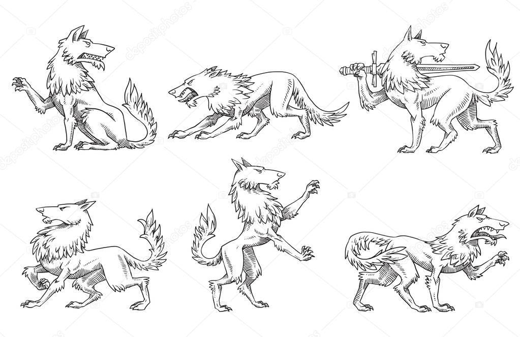 Vector set of six images of heraldic wolves in different poses on a white background. Coat of arms, heraldry, emblem, symbol. Made in monochrome style. Vector illustration. Line art.