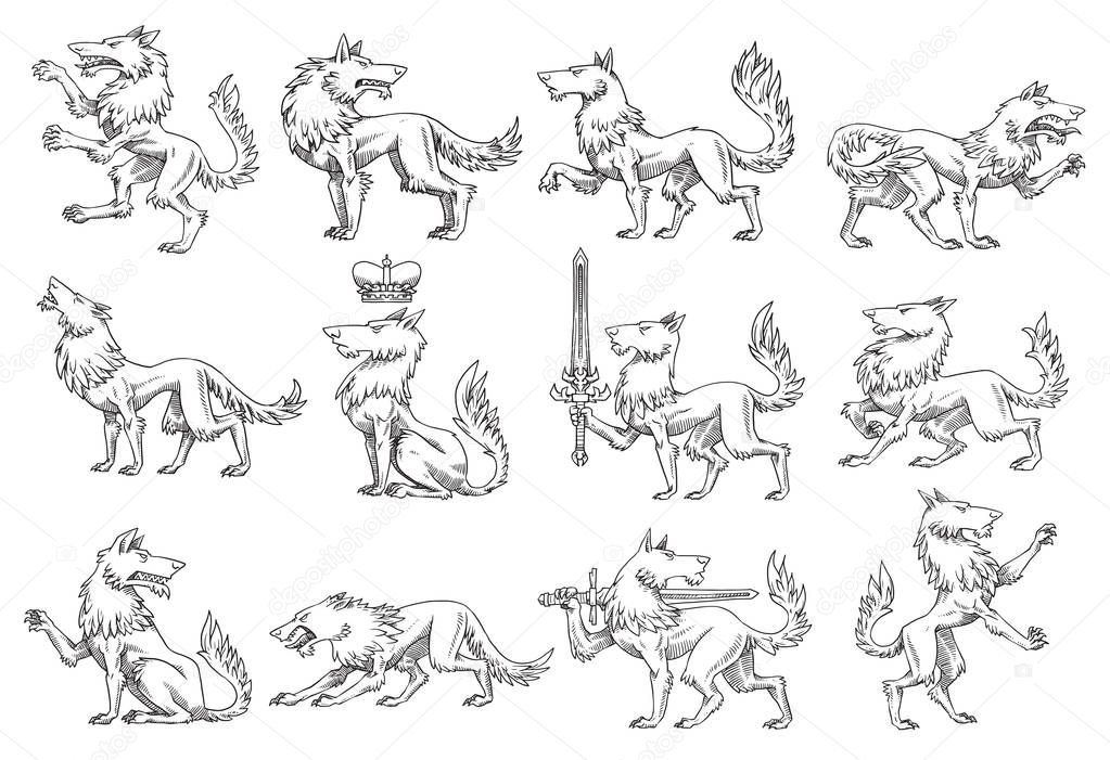 Set of twelve heraldic wolves, monochrome style