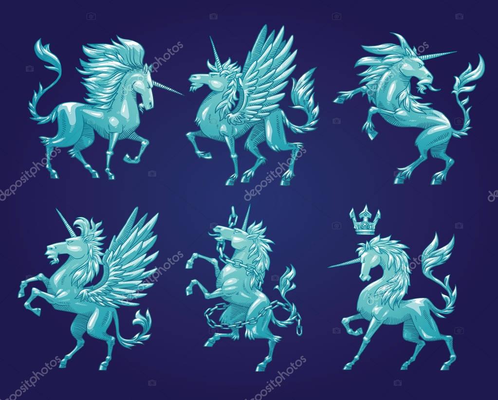 Vector set of six images of silver heraldic unicorns in different poses on a dark blue background. Coat of arms, heraldry, emblem, symbol. Vector illustration.