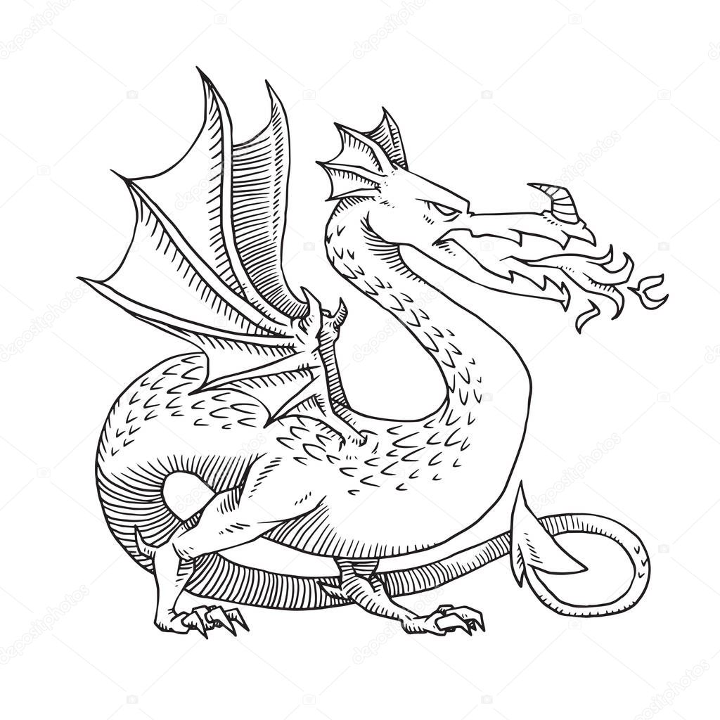 Heraldic dragon with snake body turn right, monochrome style