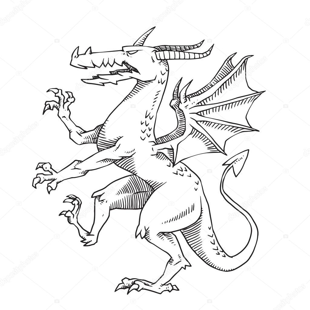 Heraldic dragon standing on one paw turn left, monochrome style