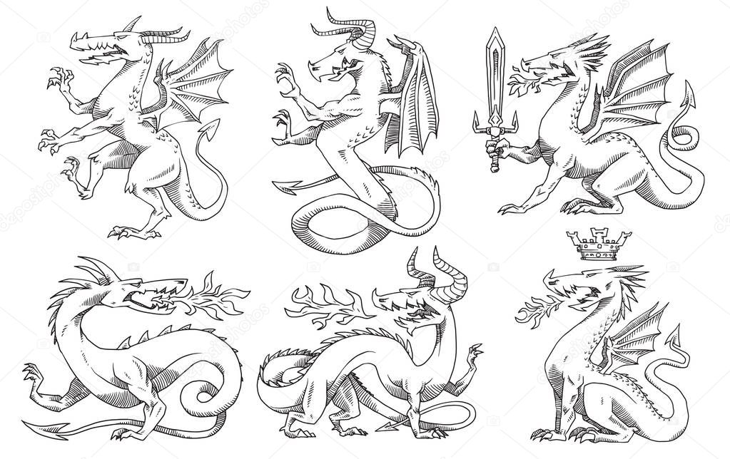 Set of six heraldic dragons, monochrome style