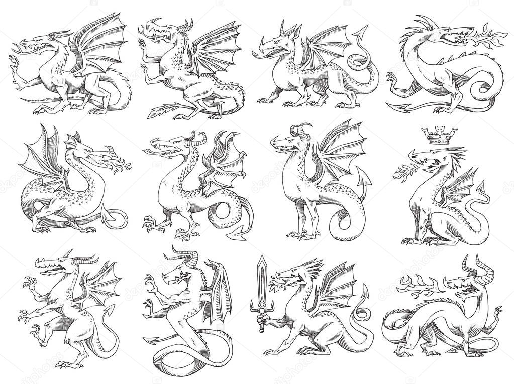 Set of twelve heraldic dragons, monochrome style