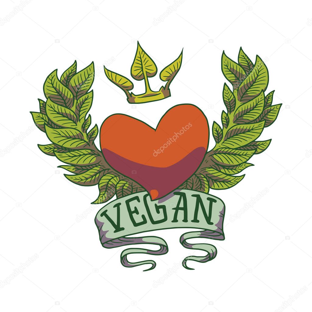 Vegan emblem, heart, crown and wreath of leaves, color image