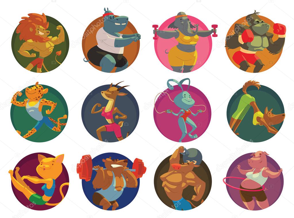 Set of twelve round frames, funny animals in the gym