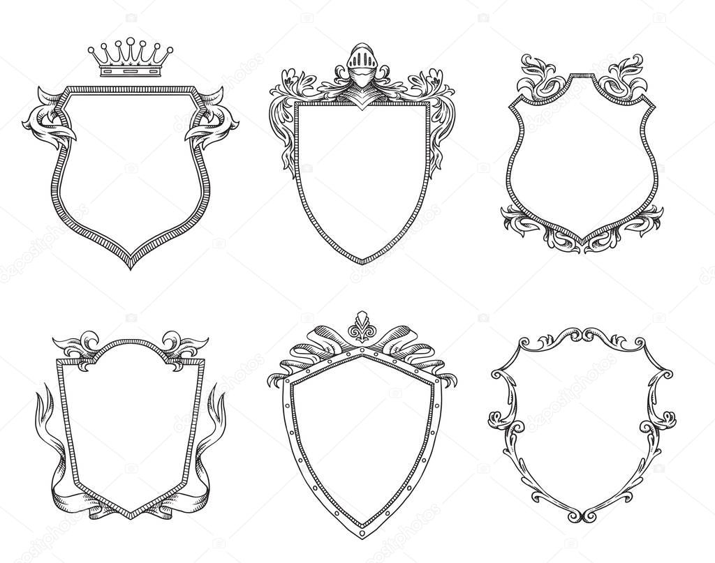 Set of heraldic shields, line art