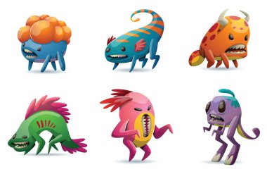 Altı şirin farklı renkli canavarlar kümesi