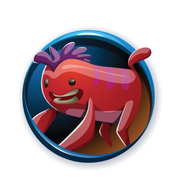 Yuvarlak kare, mor bir tutam ile komik kırmızı canavar