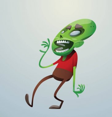 Sola doğru yürüyüş ve gülen komik yeşil zombi