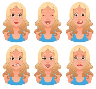 Genç sarışın kadın yüz duygular kümesi