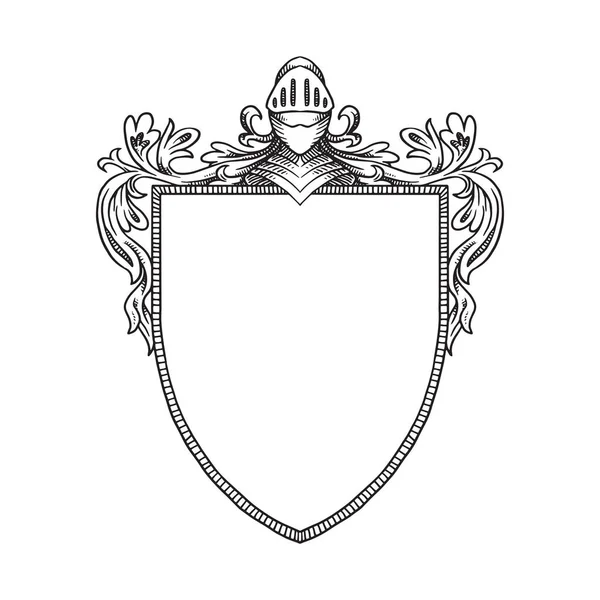 Bouclier héraldique avec casque de chevalier et boucles, art linéaire — Image vectorielle