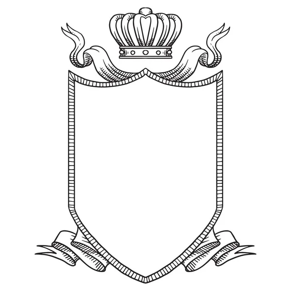 Escudo heráldico con corona y cintas, arte de línea — Vector de stock