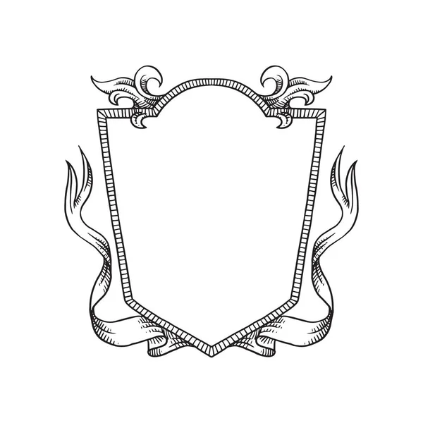 Геральдичний щит з завитками та стрічками, лінійне мистецтво — стоковий вектор