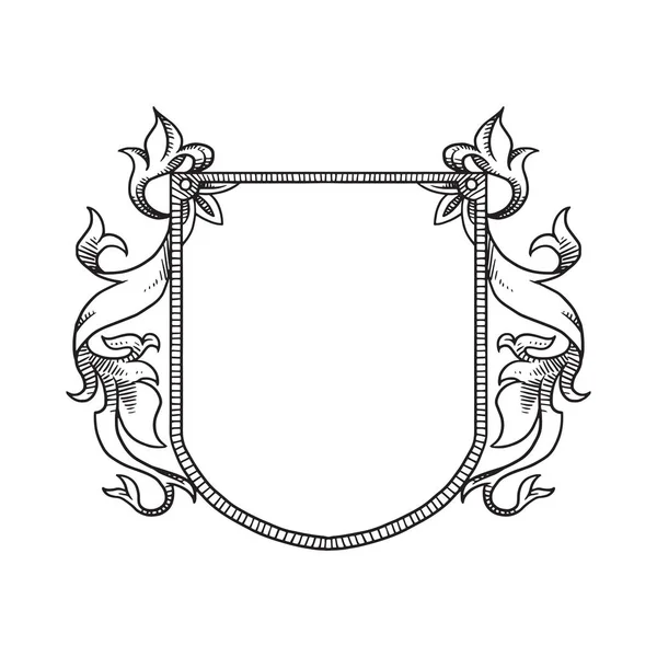 Геральдичний щит з листям і завитками, лінійне мистецтво — стоковий вектор