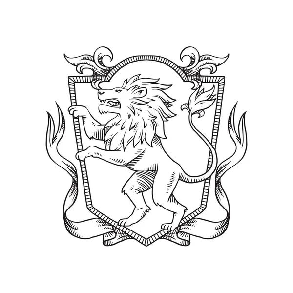 Escudo heráldico con león girar a la izquierda, línea de arte — Vector de stock