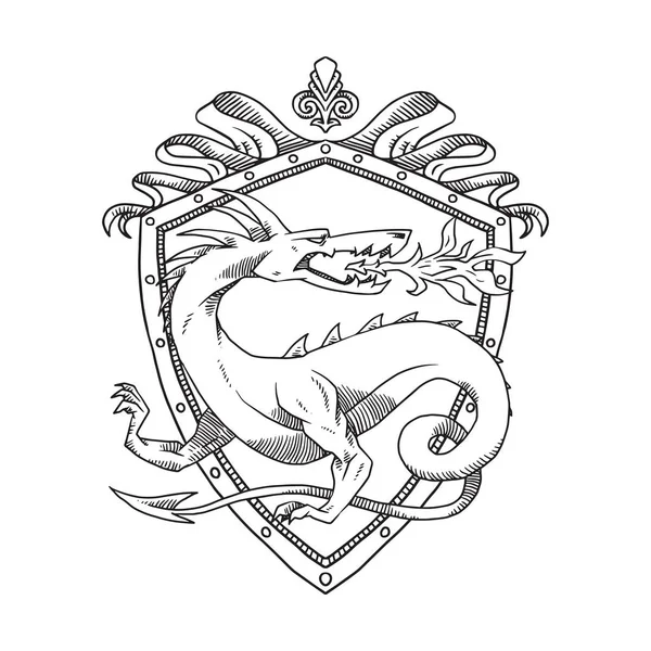 Геральдичний щит з драконом, який дивиться за спиною, лінійне мистецтво — стоковий вектор