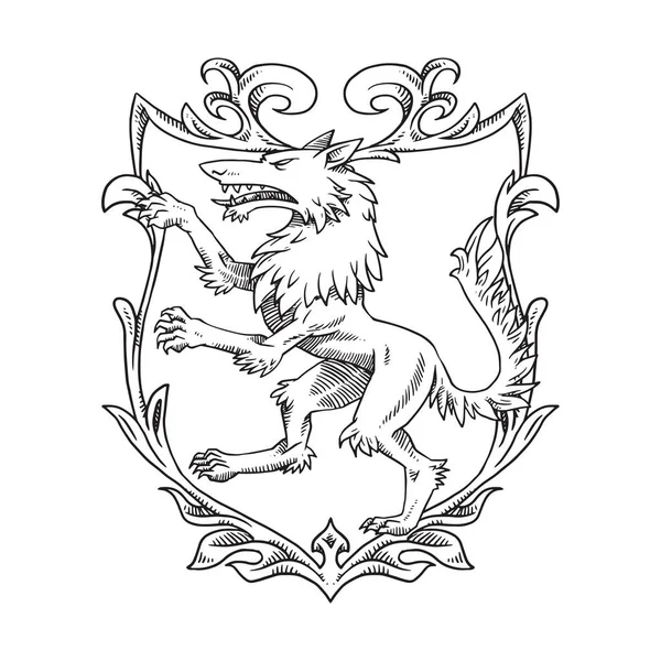 Escudo heráldico con lobo gire a la izquierda, línea de arte — Vector de stock
