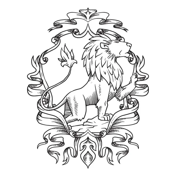 Escudo heráldico con león mirando a la derecha, línea de arte — Vector de stock