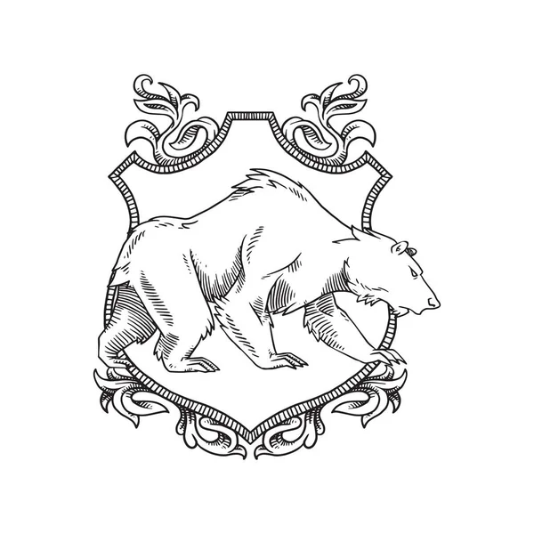 Escudo heráldico con oso caminando a la derecha, línea de arte — Vector de stock