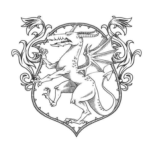 Escudo heráldico con dragón mirando a la izquierda, línea de arte — Vector de stock