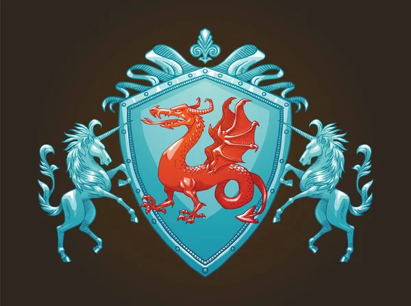 Bouclier héraldique avec dragon et licornes, image couleur — Image vectorielle