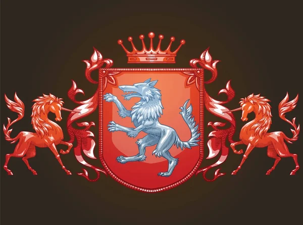 Escudo heráldico com lobo e unicórnios, imagem de cor —  Vetores de Stock