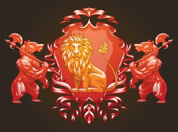 Bouclier héraldique avec lion et ours, image couleur — Image vectorielle