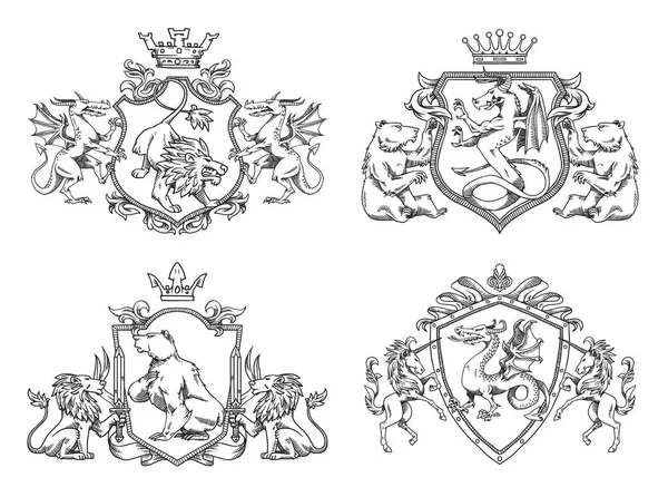 Set of heraldic shields with different animals, line art — Stock Vector