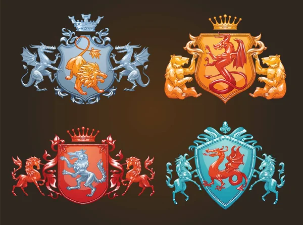 Conjunto de varios escudos heráldicos con diferentes animales, color im — Vector de stock