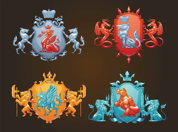 Dört hanedan shields ile farklı hayvanlar, renkli görüntü kümesi