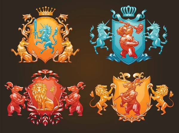 さまざまな動物、カラー画像と紋章の盾のセット — ストックベクタ