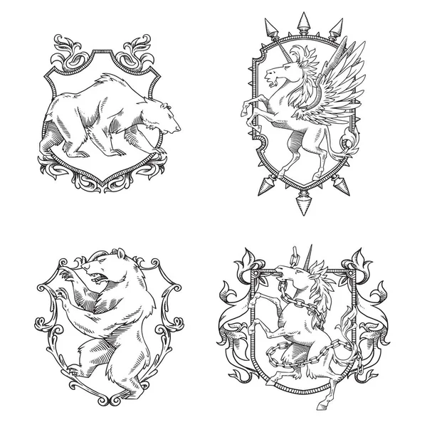 Uppsättning av heraldiska sköldar med björnar och enhörningar, streckat — Stock vektor