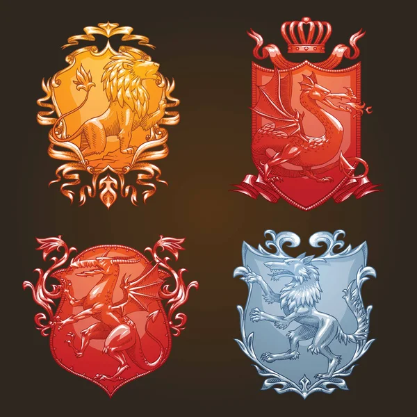 Conjunto de escudos heráldicos com dragões, lobos e leões — Vetor de Stock