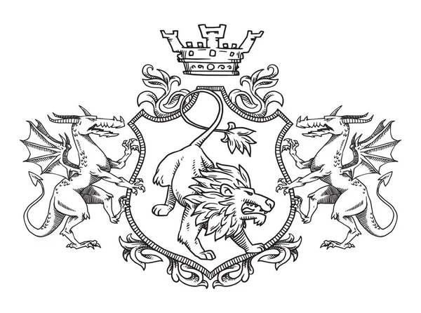 Escudo heráldico con león y dragones, line art — Vector de stock