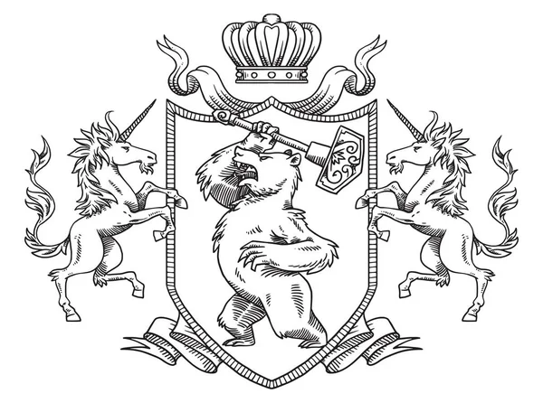 Escudo heráldico com urso e unicórnios, arte de linha — Vetor de Stock