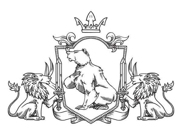 Escudo heráldico con oso y leones, line art — Vector de stock