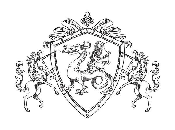 Escudo heráldico con dragón y unicornios, line art — Vector de stock