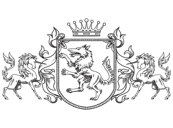 Escudo heráldico con lobo y unicornios, arte de línea — Vector de stock