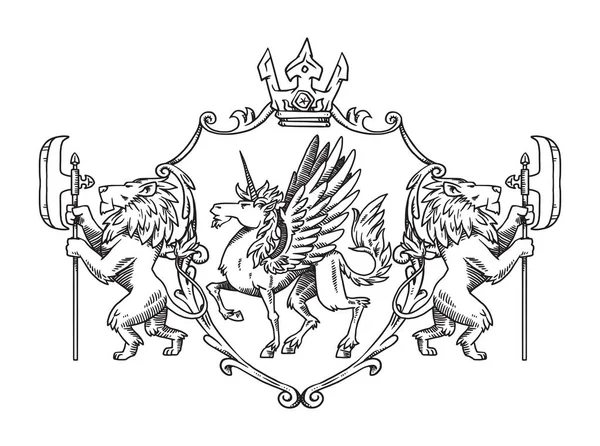 ユニコーンとライオン、ライン アート紋章入りの盾 — ストックベクタ