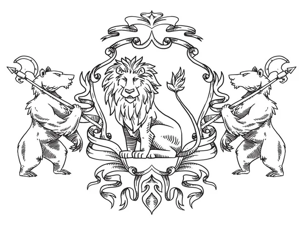 Escudo heráldico con león y osos, arte de línea — Vector de stock